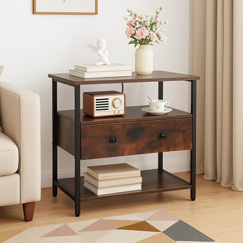27-Inch Nightstand with Charging Station, Drawer & Open Shelves - Retro Brown - Variation of THIS listing