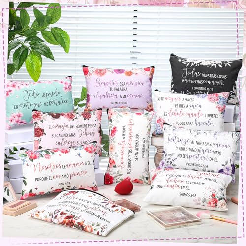 Kacctyen 30 Pcs Spanish Bible Christian Women's Religious Gift Cosmetic Bags Inspirational Bible Verse Pencil Pouch Motivational Makeup Bag with Zipper for Travel (Classic)