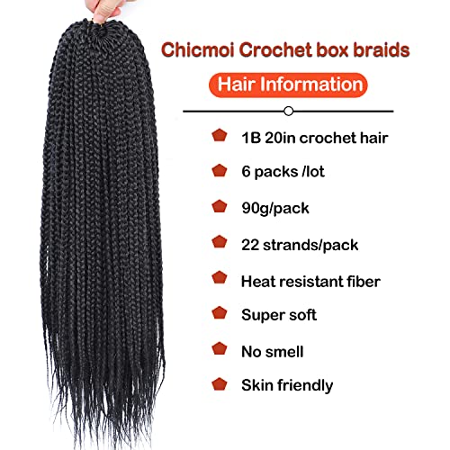 20 Inch Box Braids Crochet Hair Pre Looped for Black Women - 6 Packs, 1B