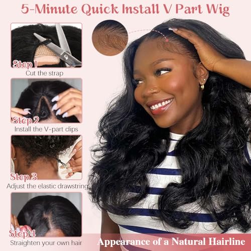 14 Inch Natural Black V Part Human Hair Wig Body Wave 180% Density Glueless, Beginner Friendly