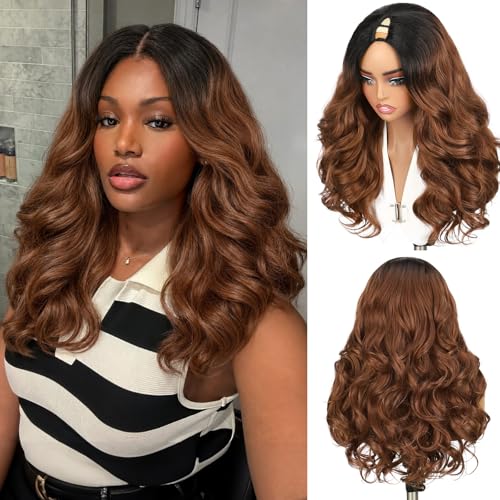 Ombre Brown Yaki Curly V Part Wig 18 Inch Layered Synthetic Half Wig