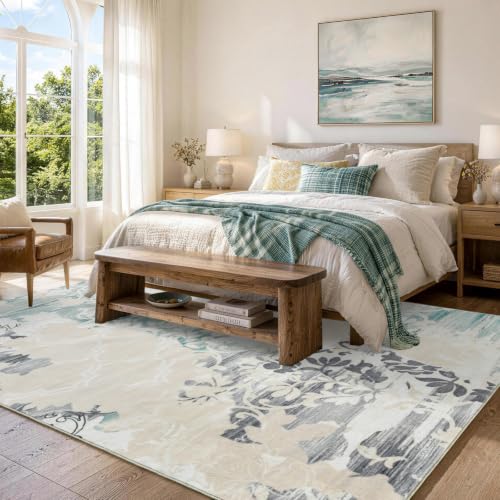 9x12 Beige Washable Non-Slip Area Rug for Living Room - Vintage Style