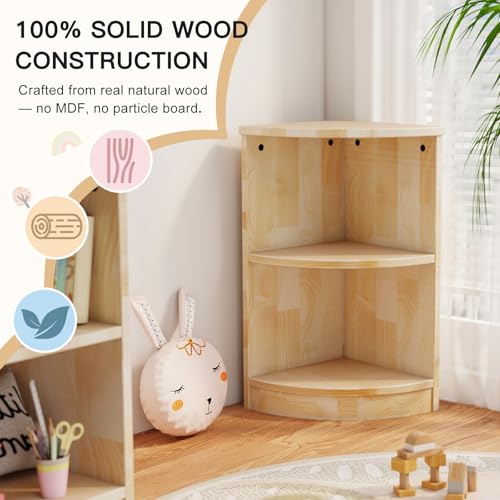 Kids Corner Storage Cabinet - 2-Tier Montessori Toy & Book Organizer - Rubber Wood, Playroom & Nursery