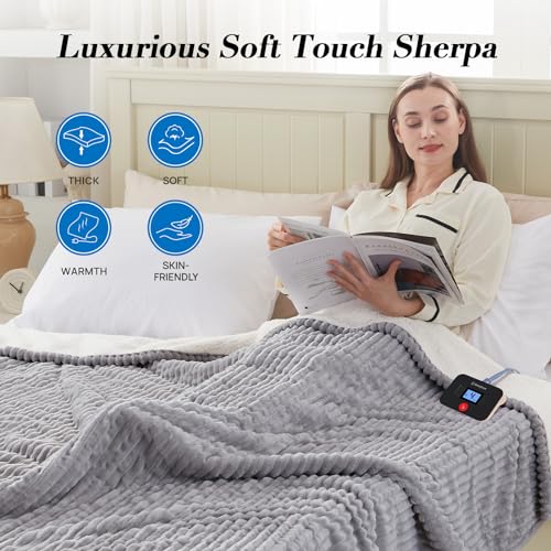 Westinghouse Twin Electric Blanket Light Grey 62x84 Inch Flannel Sherpa Safe Heated