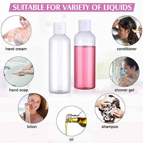 50 Pcs 3.4 oz Small Travel Bottles Plastic Empty Squeeze Bottle Clear Refillable Shampoo Container with 2 Funnel for Liquids Cream Cosmetic Toiletries(Clear, White)