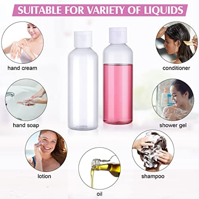 50 Pcs 3.4 oz Small Travel Bottles Plastic Empty Squeeze Bottle Clear Refillable Shampoo Container with 2 Funnel for Liquids Cream Cosmetic Toiletries(Clear, White)