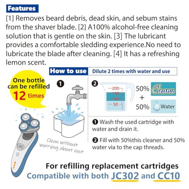 2X Concentrated Shaver Cleaning Solution Refill Compatible with Philips Norelco SmartClean & Quick Clean Pod Systems ? Makes Up to 12 Cartridge Refills, 1L (33.8 oz), Made in Japan