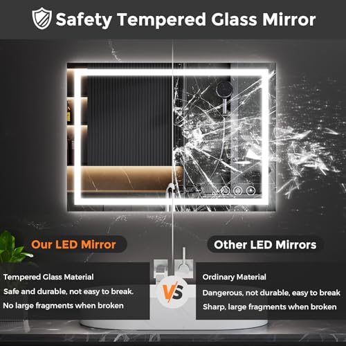 Koonmi 28x20 LED Bathroom Mirror with 3 Light Colors, Anti-Fog, Dimmable