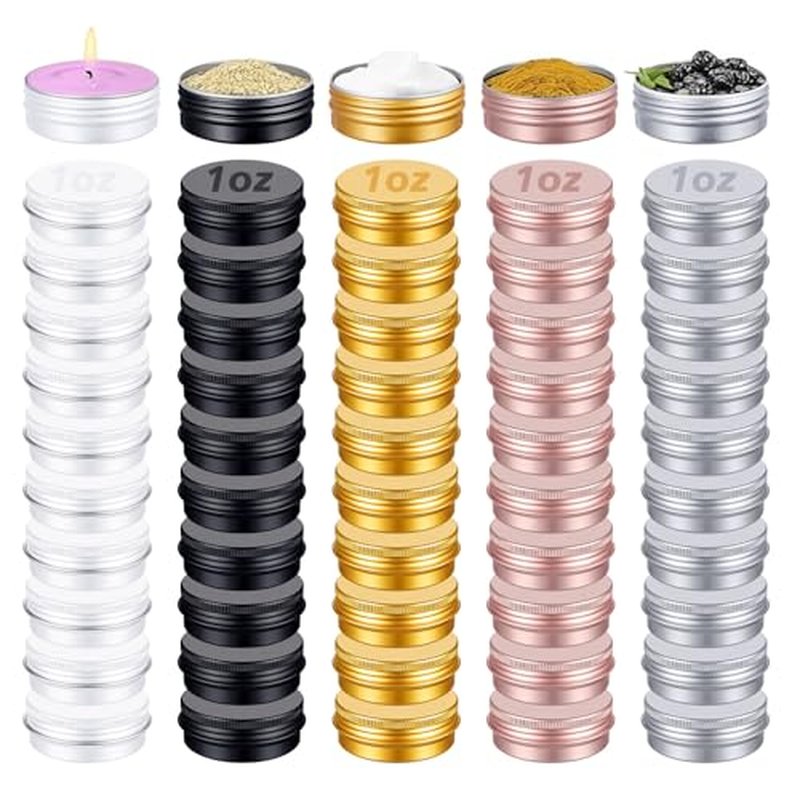 50 Pack 1 oz Aluminum Tin Cans with Lids Bulk, Refillable Metal Tin Containers for Lip Balm, Salve, Cream, Travel Cosmetic Subpackage Jars, Valentines DIY Candle & Crafts (5 Colors)