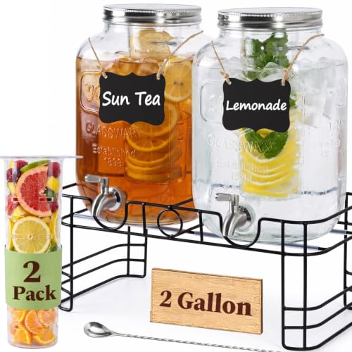Kikcoin 2 Gallon Glass Drink Dispensers with Stand – 2 Pack