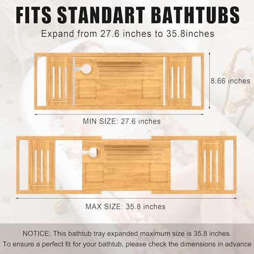 Promitop Natural Bamboo Expandable Bathtub Tray Caddy - Spa-Style Bath Accessory