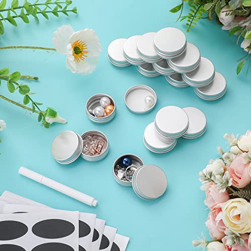 Patelai 100 Pcs Metal Tins 0.5 oz Screw Top Round Cans Aluminum Tin Jar Lip Balm Containers Bottle Empty Travel Cosmetic Cans Container with 5 Sheets Label Stickers 1 Marker(Silver)