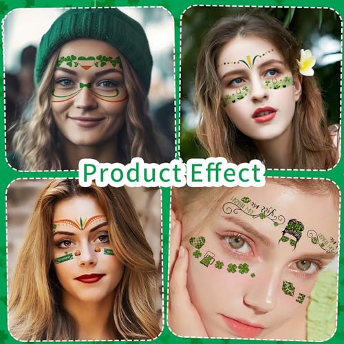 St. Patrick's Day Temporary Tattoos - Shamrock Face Stickers - Green Clover Body Tattoos - Self Adhesive Party Makeup - Festival & Holiday Party Supplies - 10pcs