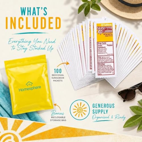 HOMESPHERE Bulk Pack of 100 Mini SPF30 Sunscreen Packets – Travel & Outdoor Sun Protection