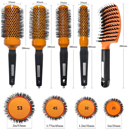 Orange 5pcs Hair Styling Brush Set - Blow Dry & Detangle Round & Boar Bristle