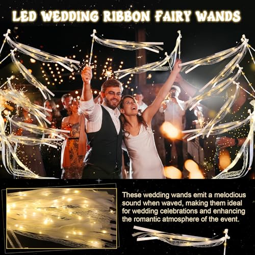LED Fairy Wands 100 Pcs Wedding Glow Stick with Ribbon & Bell - Warm White, Flashing Modes