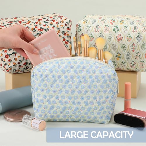 6 Pcs 8 Inch Large Quilted Makeup Bag Bulk Floral Cosmetic Bag Bridesmaid Gifts Women Floral Cotton Quilted Pouch Travel Toiletry Coquette Aesthetic Makeup Organizer for Women