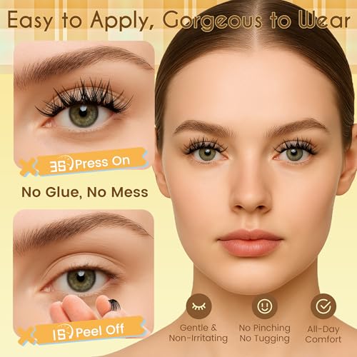 Self Adhesive Eyelashes Cluster, 10-16mm Wispy Pre Glued Lash Clusters Multi-Day Wear No Glue Needed DIY Eyelash Extensions, Extended Hold Press on Lashes Waterproof & Reusable