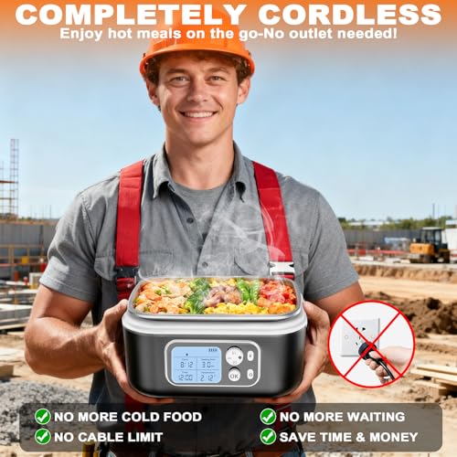 Cordless Electric Lunch Box with 27,000mAh Battery - Black, 6.3-Cup Capacity, Self-Heating Food Warmer