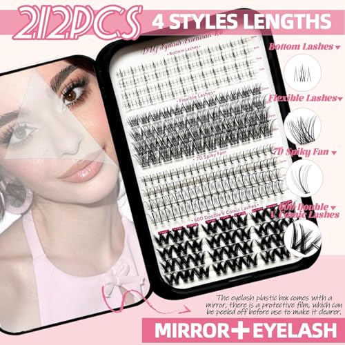 DIY Lash Extension Kit 772Pcs D Curl 4 styles Individual Lash with Bottom Lash Clusters Lash Bond and Seal,Quick Glue Remover Tweezers Eyelash Brush Mini Applicator (LASH003)
