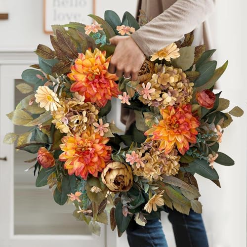WANNA-CUL 24in Fall Front Door Wreath Dahlia Hydrangea Peony Vintage Spring Variation
