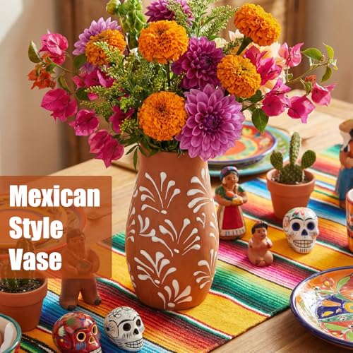 Set of 6 Mexican Terracotta Vases with Floral Design - Brown & Leaf Variation
