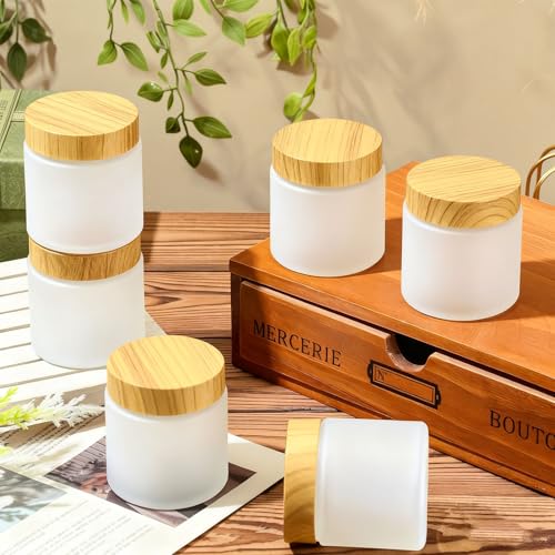 Norme 24 Pcs 4oz Glass Jars with Lids Empty Small Glass Containers and Inner Liners Reusable Cosmetic Jars Round Airtight Bottles with Plastic Woodgrain Lids(Frosted Style,Translucent)