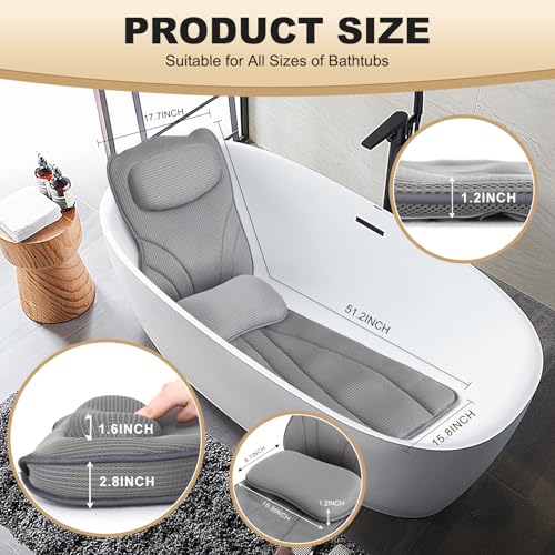 Gray Extra Long Bath Pillow with Lumbar Support - 4D Air Mesh Spa Cushion