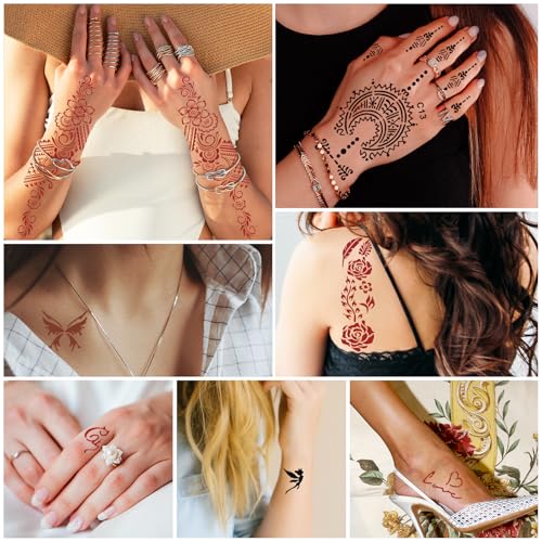 Temporary Stencils Tattoos Kit, 4 Pcs Tattoo Cones 3 Color (2 Black 1 Maroon 1 Cherry Red) with Gloves Brush Tool,DIY Body Art Skin Painting Designs for Women Men Kids Party Gifts
