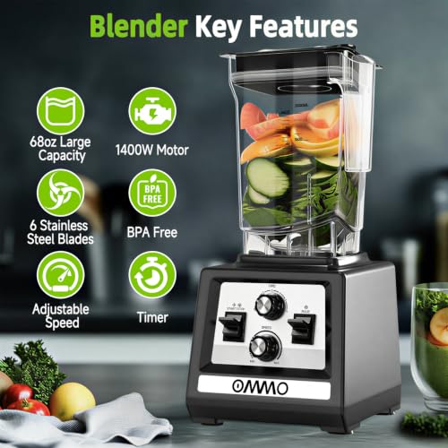 OMMO 1800W Countertop Blender for Smoothies & Ice Crushing - Black
