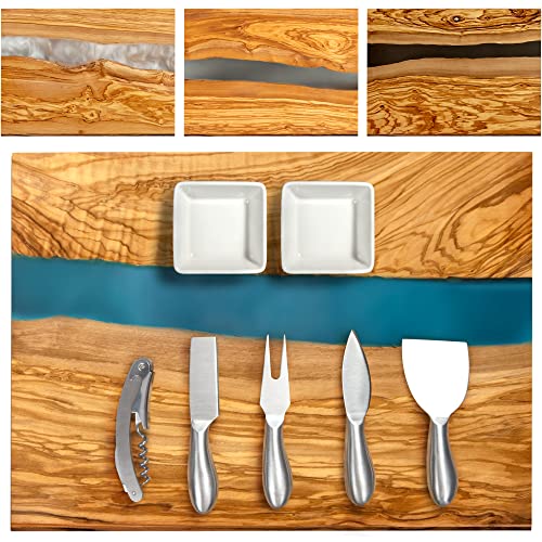 Italian Olive Wood Cheese & Charcuterie Board Set with Blue Resin Artwork - Includes 4 Knives, Dipping Bowls & Corkscrew (Blue)