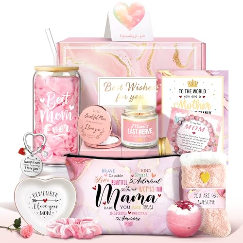 Mom Gift Basket with Mug Candle Soap Bath Bomb Make-up Bag - Mother's Day