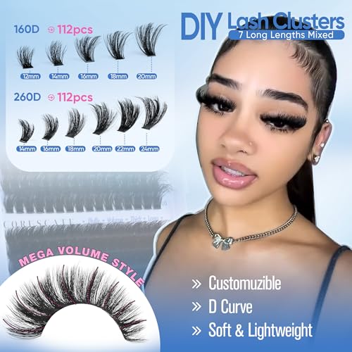 CORUSCATE Lash Clusters 160D+260D Eyelash Clusters 12-24mm Long Lash Extension Thick Cluster Eyelash Extensions Volume Strip Mink Lashes Cluster Dramatic Full Salon Look Mega Eyelashes