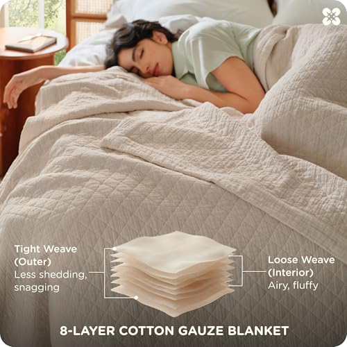 Linen Beige Twin XL Cotton Muslin Blanket - 8-Layer Diamond Quilt Bed Throw