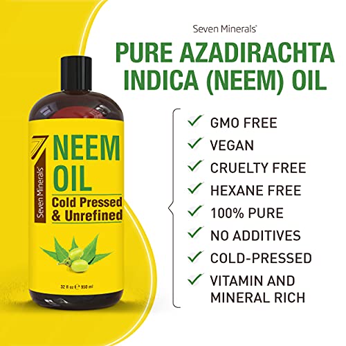 Pure Neem Oil for Skin Hair Plants - Cold Pressed Non-GMO 32oz Bottle