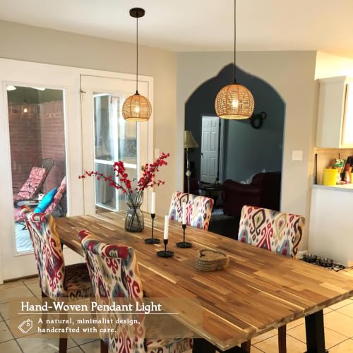 AyshwillDec 8.7" Natural Wicker Pendant Light 2-Pack Boho Rattan Chandelier for Kitchen & Dining