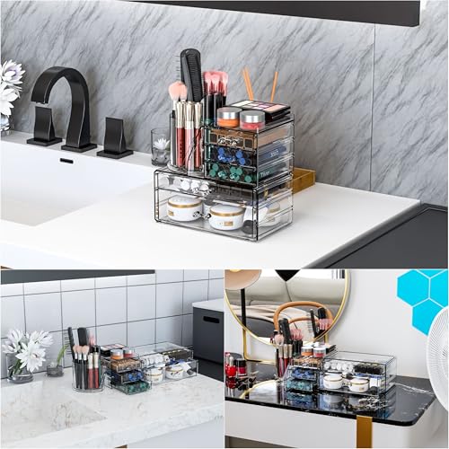 Acrylic Makeup Organizer with Drawer and Brush Holder 3-Pack for Vanity