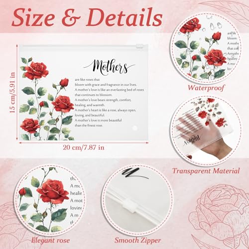 Sunnymove 100 Pcs Frosted Transparent Makeup Bags with Red Rose - Mothers Day Gift Set, Zipper Pouches 5.91 x 7.87 in