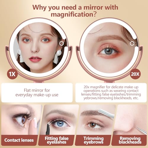 Makeup Mirror with Lights 20X Magnification Touch Control - Rose Gold
