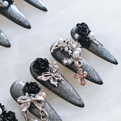 Luxury Long Stiletto Press-On Nails with Black Roses - S Black Rose Variation