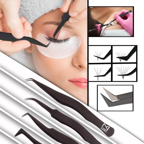 M LASH Eyelash Tweezers for Eyelash Extensions (Set of 4) - Professional Lash Extension Tweezers - Fiber Tip Lash Tweezers, Japanese Steel, Diamond Grip For Flawless Application (White)