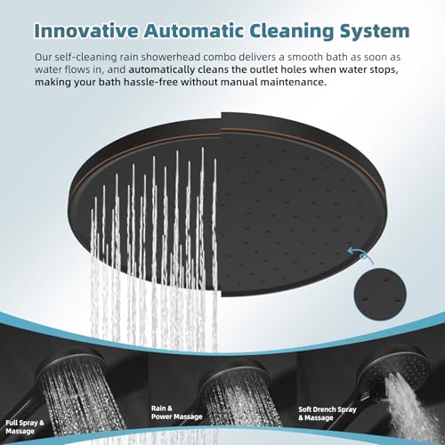 Hibbent 10-inch Rain Shower Head Combo with Bronze Finish, 3 Handheld Sprays & Self-Cleaning
