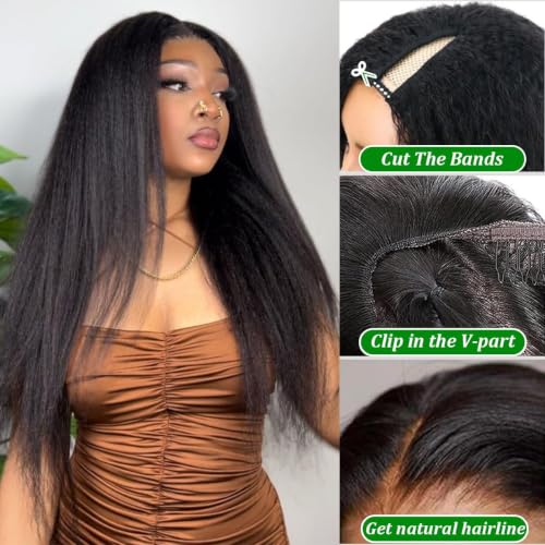 Nature 18 Inch V Part Human Hair Wig Kinky Straight Glueless Half Wigs for Black Women