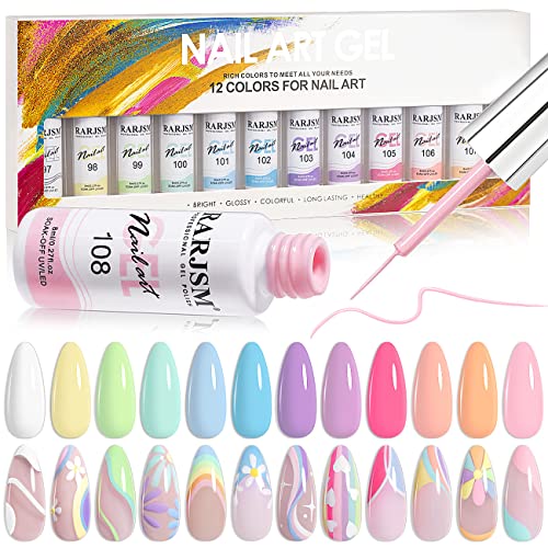 Pastel Nail Art Gel Liner Set - 12 Spring & Summer Colors, Thin Brush, 8ML, Soak Off