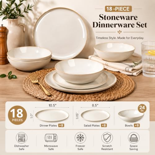 Ceramic Dinnerware Set for 6 - 18 Pieces Plates and Bowls, Lead-Free & Microwave Safe