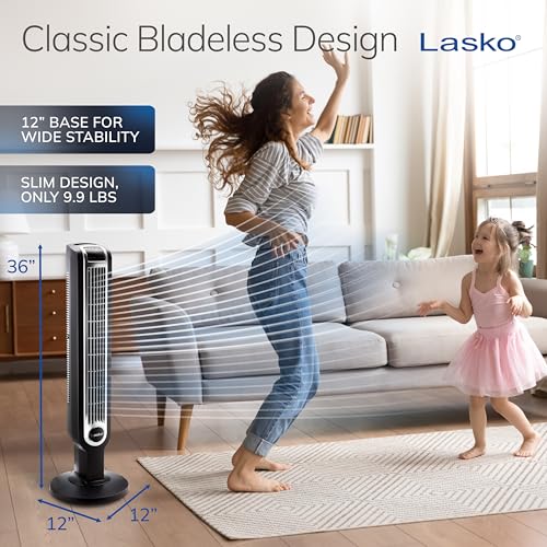 Black Oscillating Tower Fan with Remote Control - 36-Inch Quiet Space-Saving Cooling