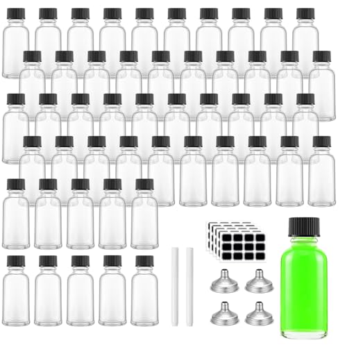 50 Pcs 1 oz Clear Glass Bottles with Black Caps & Funnels for Essential Oils & Samples
