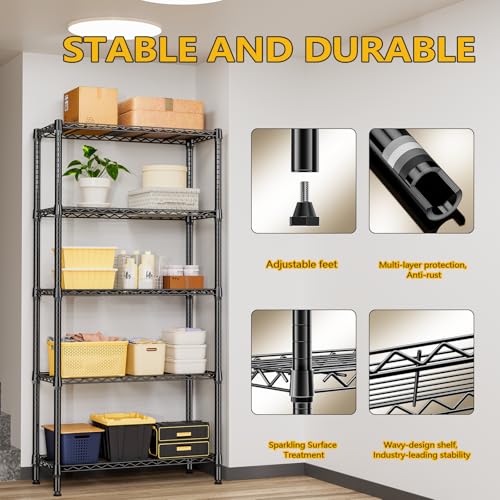 M MZG 5-Tier Metal Storage Shelves Black 15.7''D x 33.5''W x 68.5''H Heavy Duty Garage Kitchen Closet Organizer