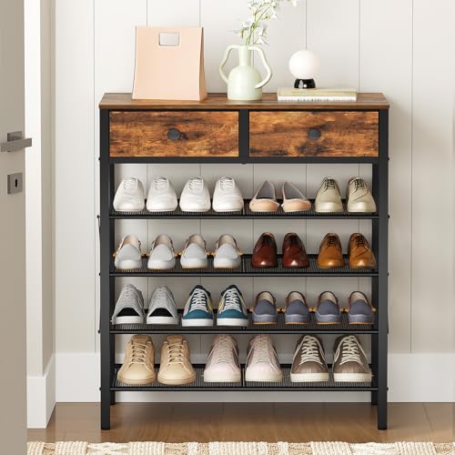 5-Tier Shoe Rack with Drawers - Rustic Brown & Black, Large Capacity, Metal & Wood