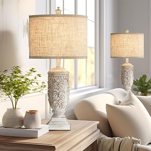 Fullarge 27.5-inch Cream/Oatmeal Farmhouse Table Lamps Set of 2 with USB Ports